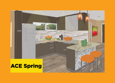 a rendering of a mid-century modern kitchen