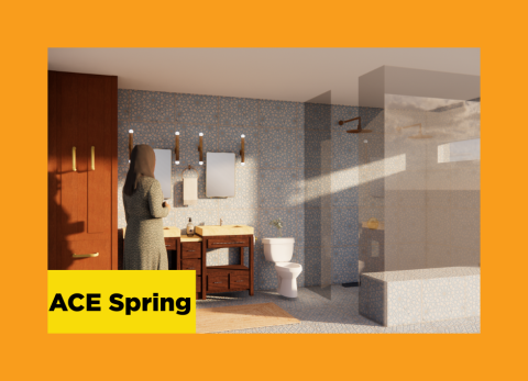 an architectural rendering of a bathroom with a woman looking on, reminiscent of Edward Hopper paintings