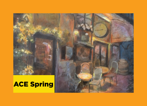 a soft nighttime painting of a cafe, very romantic looking