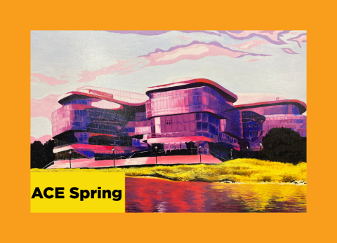a complimentary colored painting of purples and yellows of a suburban office building