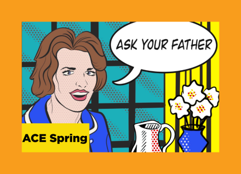a piece inspired by lichtenstein's pop art shows a woman saying, "ask your father" primarily blue and yellows with red dotted in