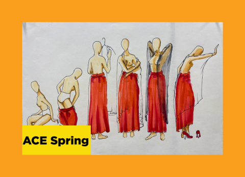 a fashion illustration of a woman wearing a long red skirt in various positions