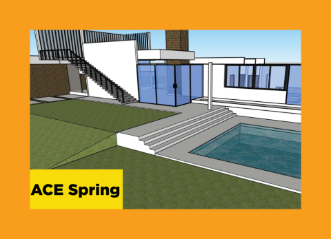 a rendering of a residential yard in malibu with a view of the ocean and a pool