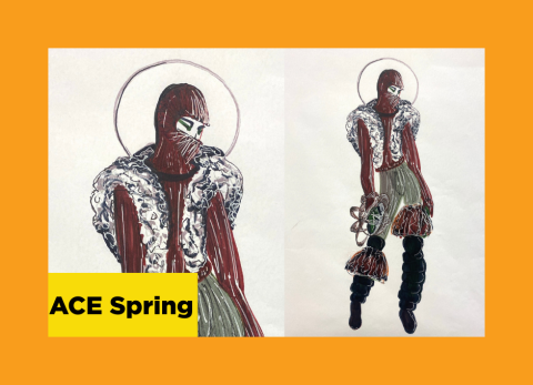 a detail and a wide view of a futuristic fashion illustration for someone who wants to look fierce while battling the robots in space