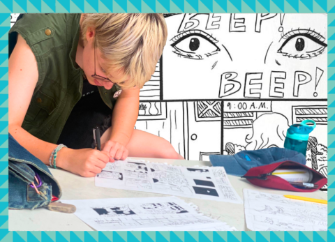 a teen in deep concentration inks their comic, the panels large in the background