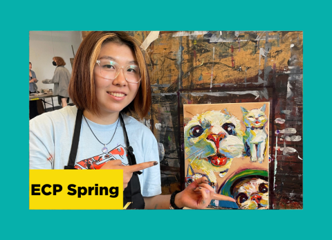 a teenager displays her cool oil painting of crazy cats like she's vanna white on wheel of fortune, only these cats and this painting are way cooler than that at the school of the art institute of chicago