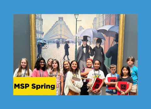 a group of smiling kids stand in front of Caillebotte's famous painting, Paris Street; Rainy Day, as they prepare to be inspired to create in their own sketchbooks at the school of the art institute of chicago