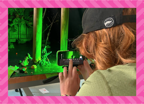 A young artist records stop motion animation of an eerie green forest scene