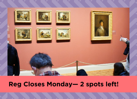 a group of people study images that look like they are from the 1700's, perhaps European or early american, hanging in the museum