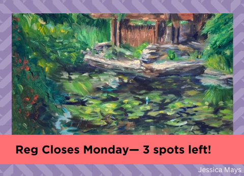 oil painting of a lush and muddy riverside filled with lily pads, a fallen log, and shrubs growing on the banks