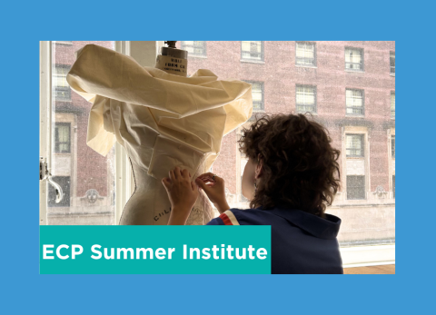 a student pins fabric akin to winged victory to a dress form in front of the backdrop of the chicago cityscape