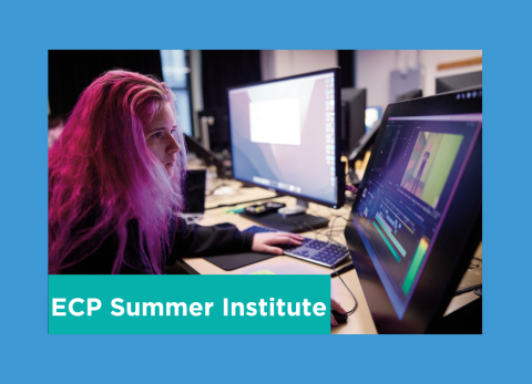 a girl with pink hair like a mermaid animates her project on a computer