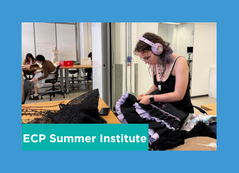 a young girl constructs a can-can looking skirt while wearing lavender headphones