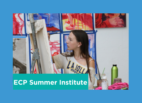 a teen paints on a canvas with bold paintings in primary colors behind her