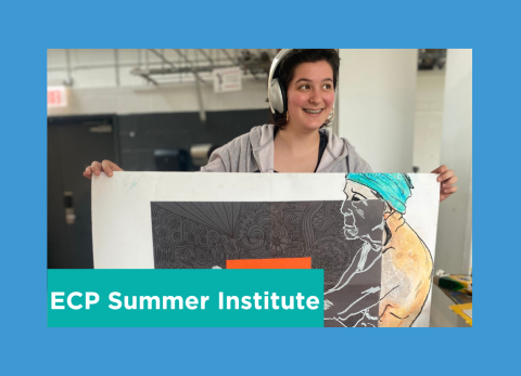 a student proudly hold up her dope drawing of a person in front of some cool squares