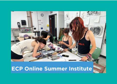 a gaggle of girls concentrate together as they create their experimental drawings