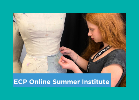 a red haired student pins her fabric to a dress form