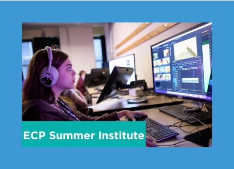 a girl is bathed in the purple light of her computer as she focuses on her project