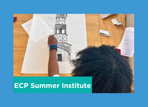 a young student draws a spiraling tower