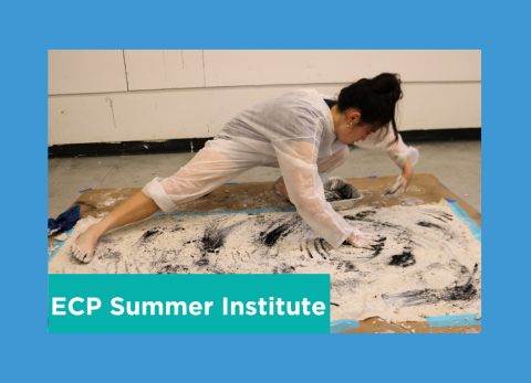 a student stretches her body across her work drawing with her hands