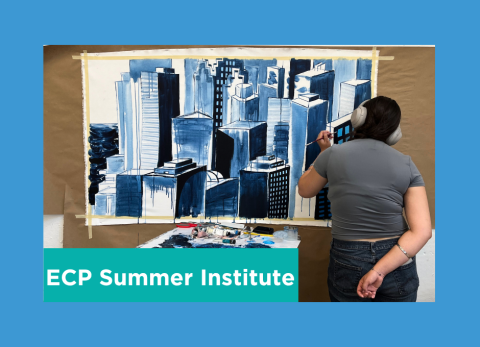 a student works on her blue cityscape