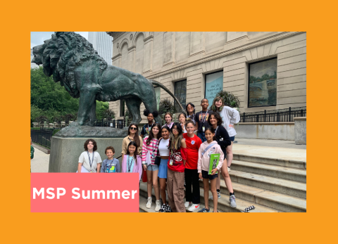 a drawing and painting class pose in front of the lions at the art institute