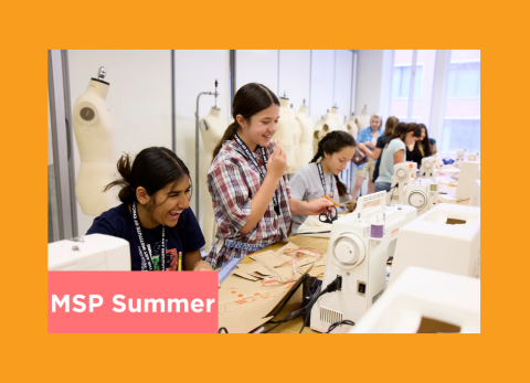 a group of fashion students laugh as they sew