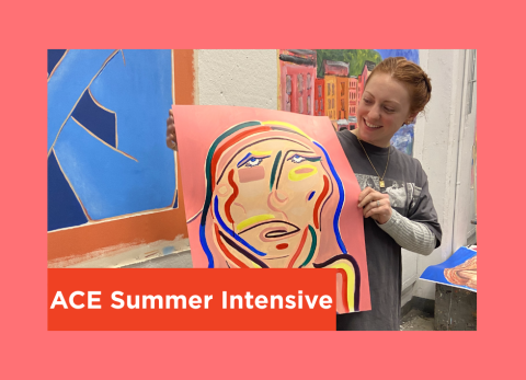 a young woman holds up her awesome painting of a face