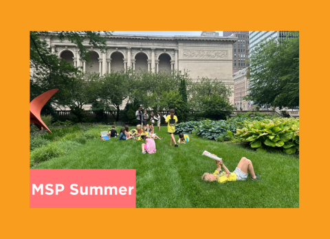 a group of young students sketch in the art intstitute sculpture garden surrounded by skyscrapers in downtown chicago
