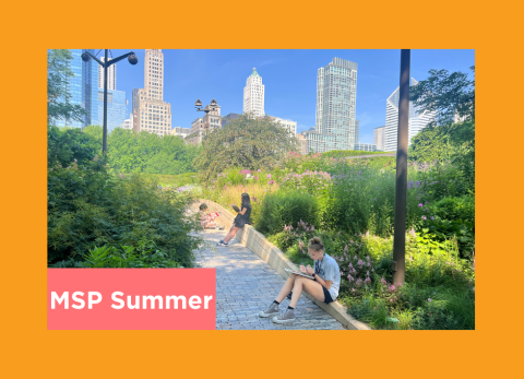 students draw in the lurie children's garden on a beautiful summer day