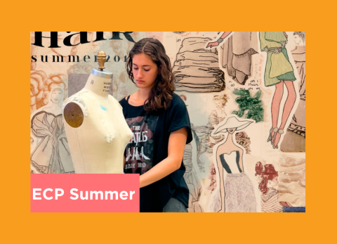 a girl uses a dress form fitting as inspiration for her designs