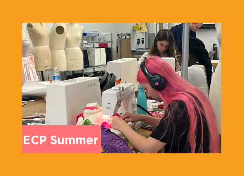 a pink haired girl sews some clothes