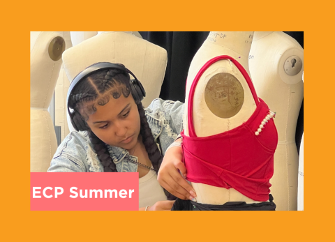 a young girl designs her clothes on a dress form