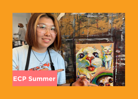 a teen shows off their oil painting of cats