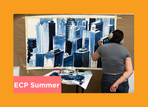 a student works on a water-based painting of a cityscape