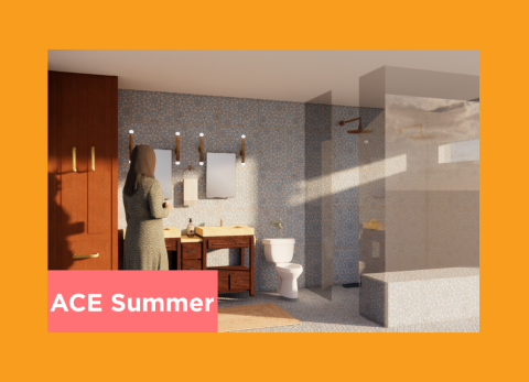 a rendering of a bathroom with a woman standing is reminiscent of an edward hopper painting