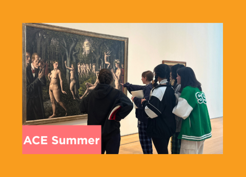 a group of students get up close and personal with an old painting