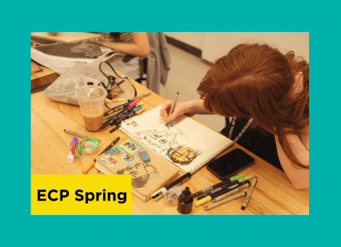 A girl at a table drawing with drawing materials all around her