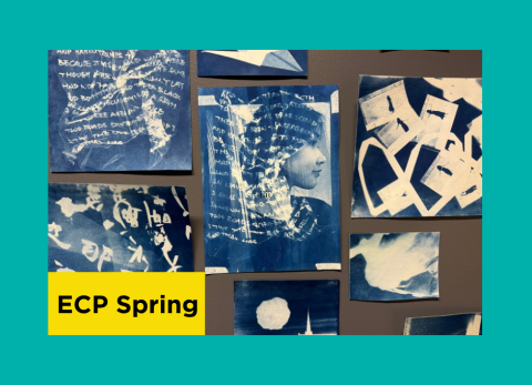 Multiple cyanotypes of people and objects laid out on a surface