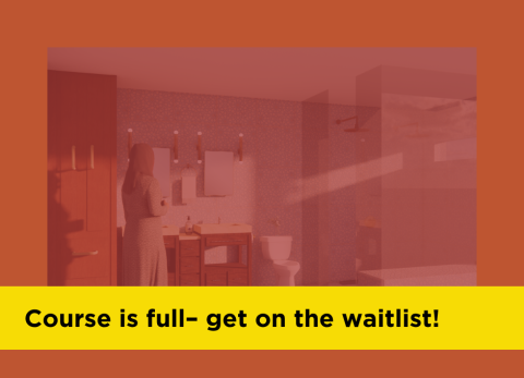 Rendering of a woman standing in a bathroom space